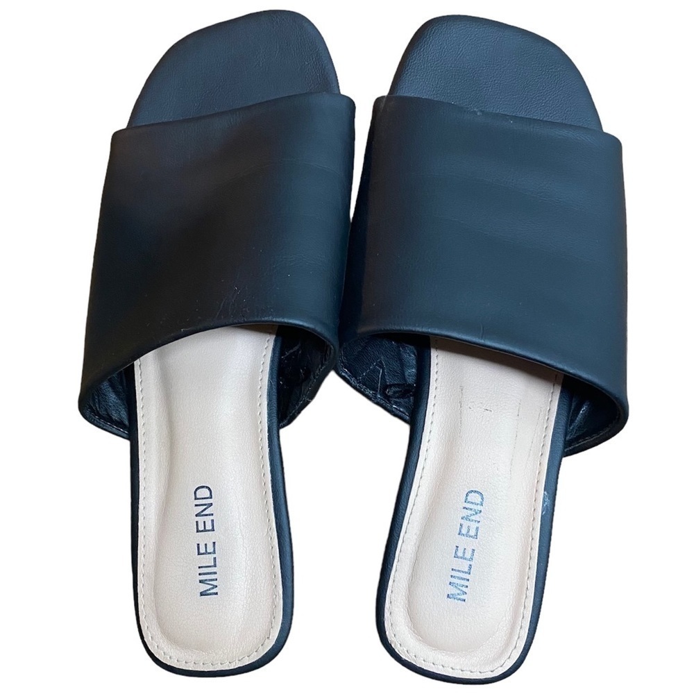 Black Vegan Leather Flats Sandals Large Strap Size 8